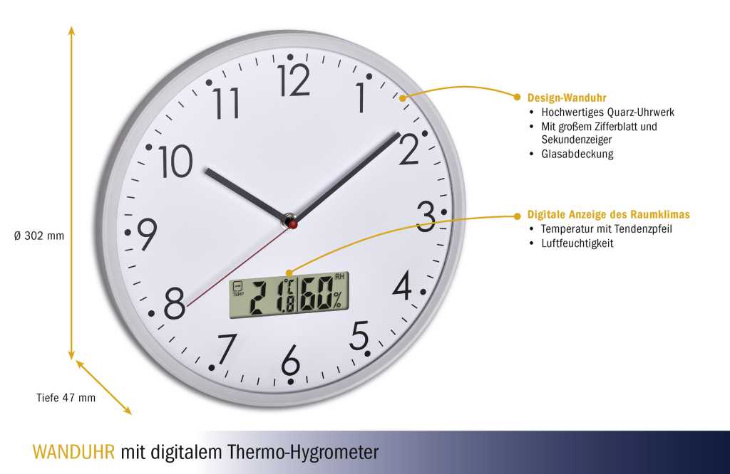 Bild von Wanduhr mit digitalem Thermometer und Hygrometer 60.3048.02