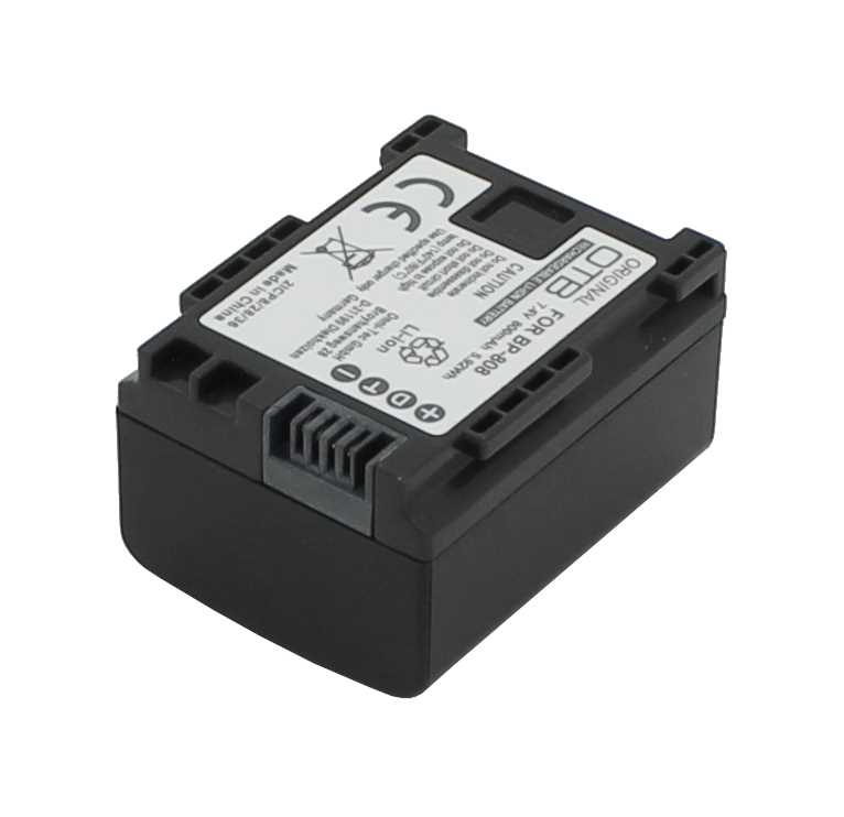 Schwarzer Kameraakku mit Kontaktleiste und weißem Etikett auf der Oberseite vor weißem Hintergrund