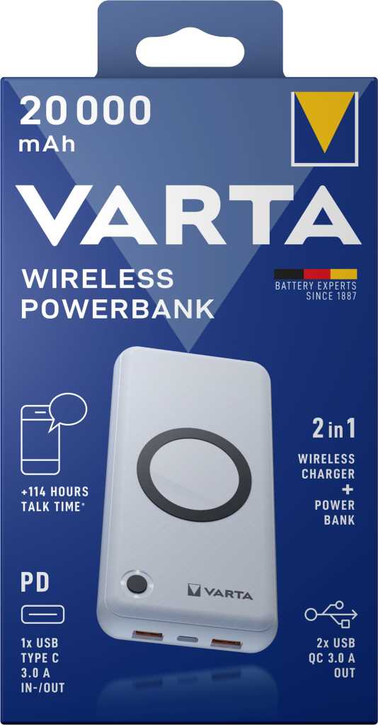 Bild von Varta 57909 Wireless Power Bank 20000 Leistungsstarkes 2-in-1 Produkt: Wireless Charger und Power Bank in einem! Mit den neuesten Technologie-Trends USB Tp C PD und Quick Charge 3.0 für maximale Ladegeschwindigkeit und Flexibilität. 