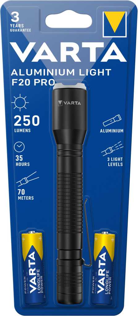 Bild von Varta 16607 Aluminium Light F20 Pro Elegante Taschenlampe mit schwarz eloxiertem Aluminiumgehäuse und silbernem Ring in matter Oberfläche mit 3 Leuchtmodi, hoher Lichtleistung und langen Laufzeiten.