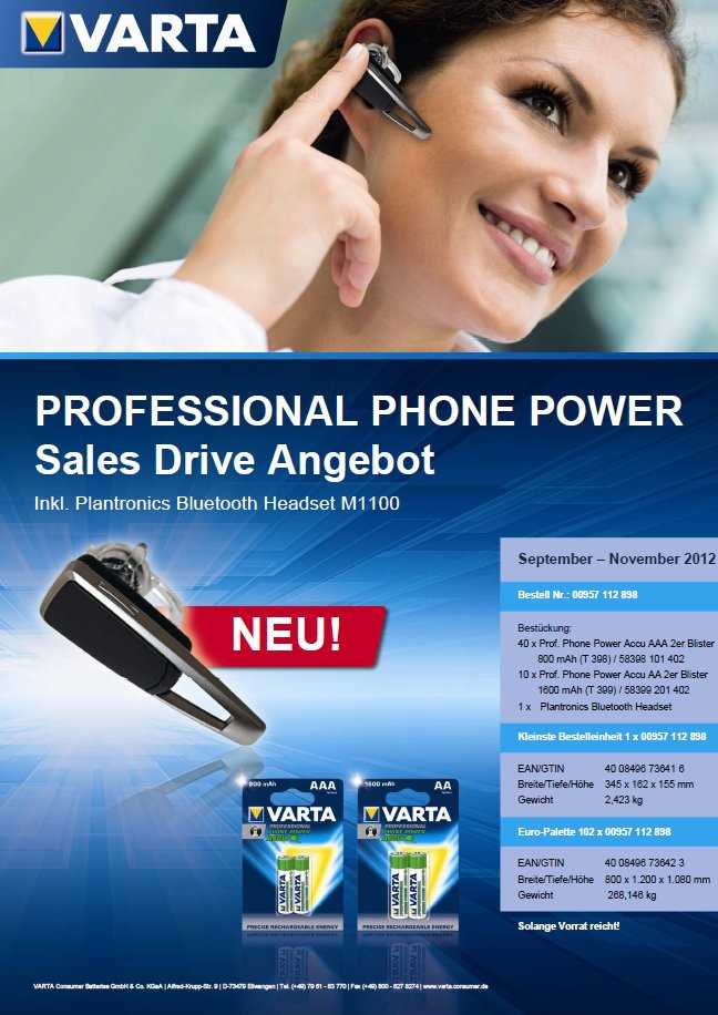 Bild von Varta Recharge Accu Phone Aktionspaket inkl. Plantronics Bluetooth Headset M1100 Paket